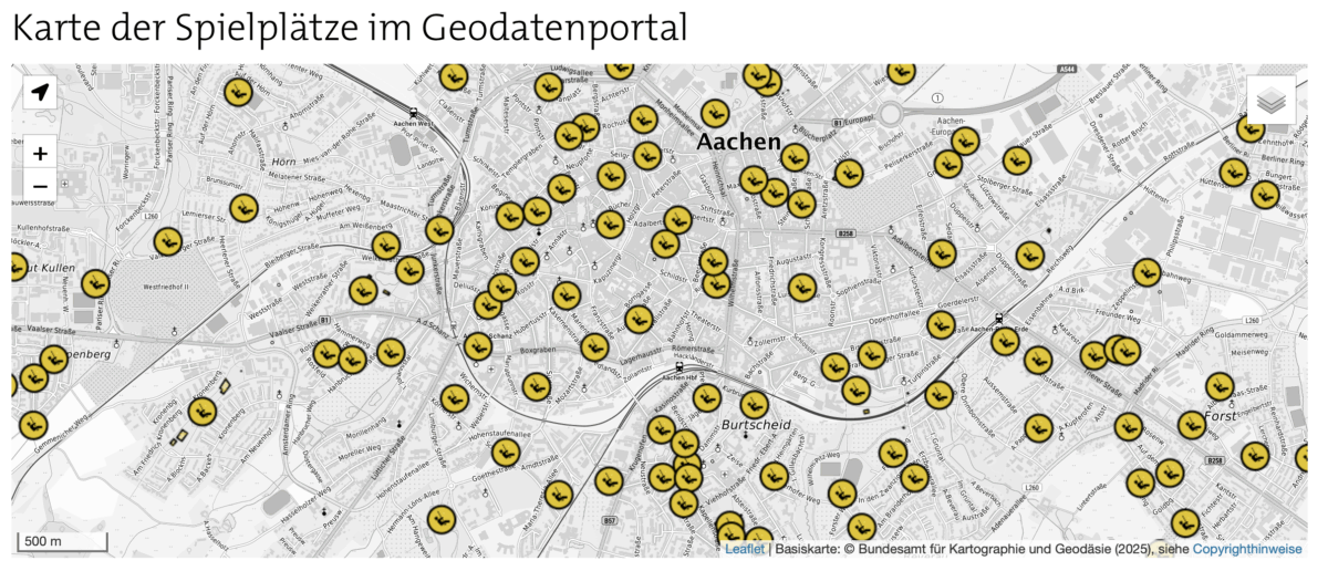 Karte mit den Positionen der Spielplätze in Aachen